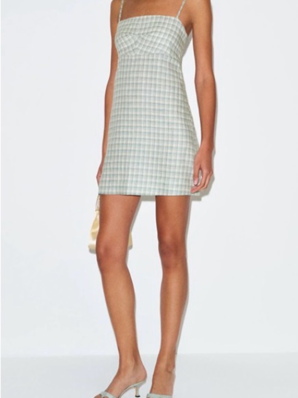 Reformation Sage Green Plaid Spaghetti-Strap Mini Dress